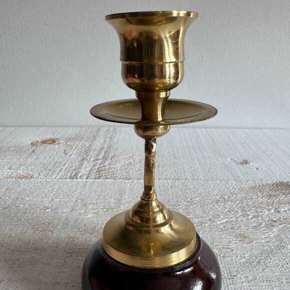 Vintage Wood Base Brass Handled Candle Stick Holder - Picture 5 of 9